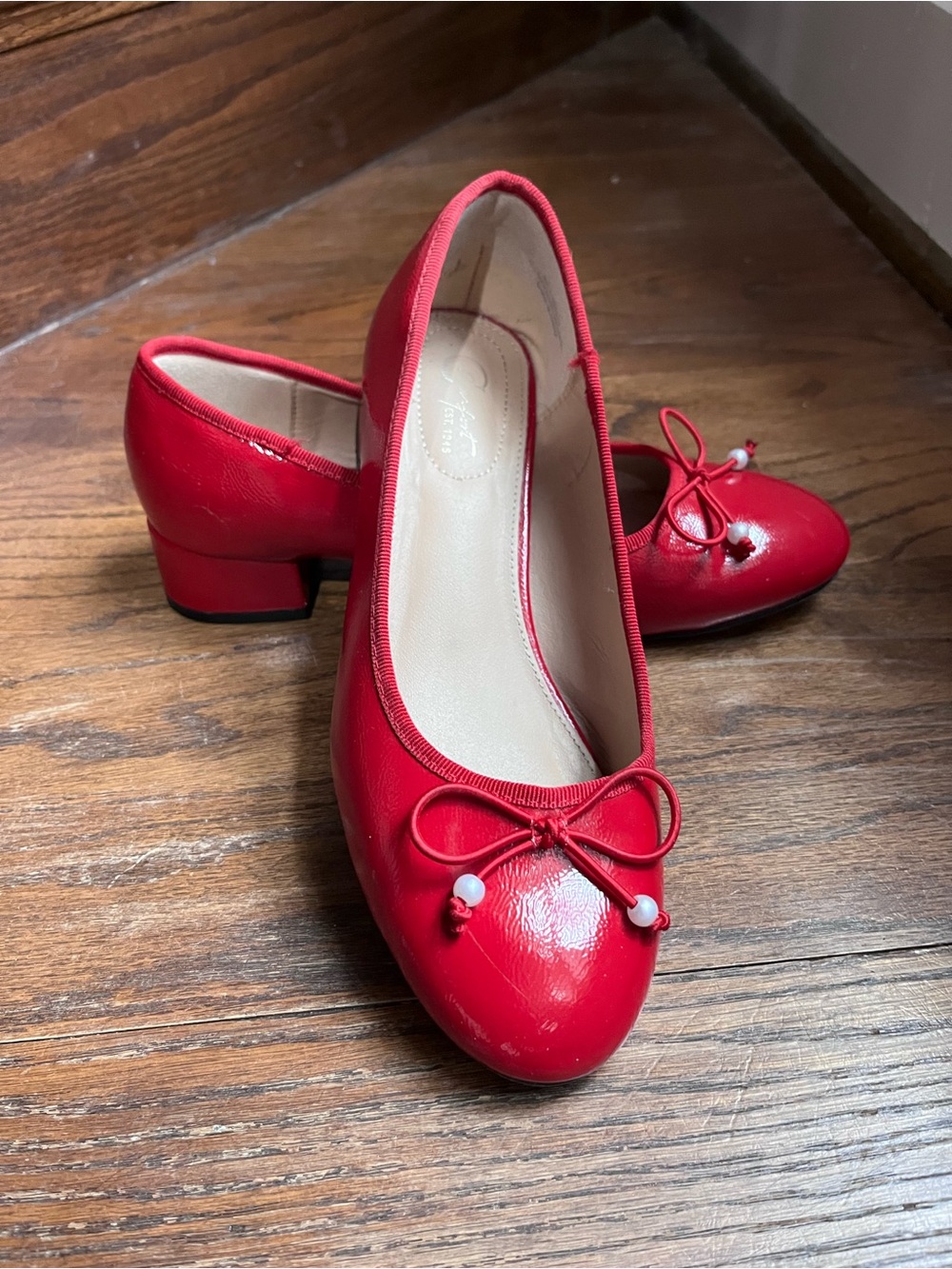C Comfort Red Patent Ballet Pumps Pearl Bow Block Heels